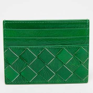 Pre Owned Bottega Veneta Metallic Green Leather Card Holder