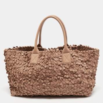 Pre Owned Bottega Veneta Peach Intrecciato Leather Limited Edition 0202/1000 Poussin Paillettes Cabat Tote