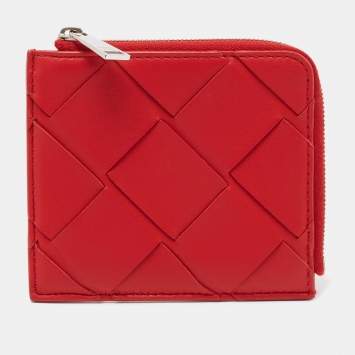 Pre Owned Bottega Veneta Red Intrecciato Leather Half Zip Wallet