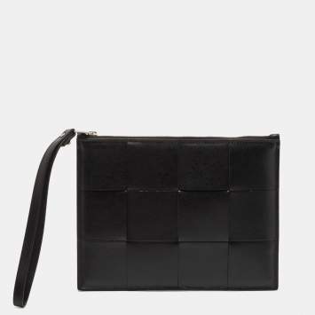 Pre Owned Bottega Veneta Black Intrecciato Leather Bill Wristlet Pouch