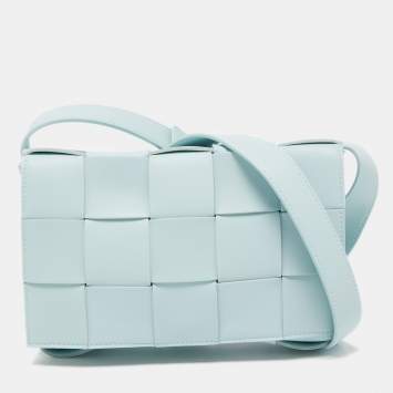 Pre Owned Bottega Veneta Pale Blue Intrecciato Leather Cassette Shoulder Bag