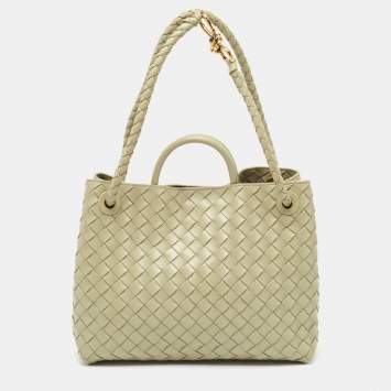 Pre Owned Bottega Veneta Khaki Green Intrecciato Leather Medium Andiamo Top Handle Bag