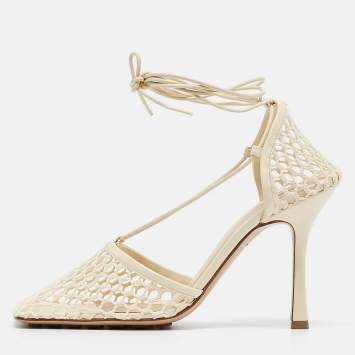 Pre Owned Bottega Veneta Cream Mesh and Leather Stretch Pumps Size 41