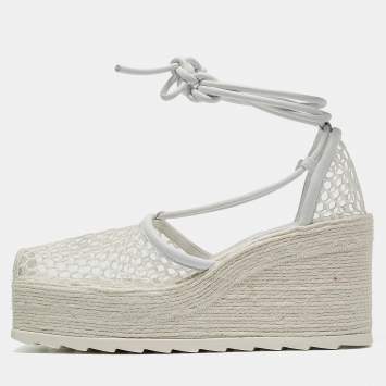 Pre Owned Bottega Veneta White Mesh and Leather Wedge Platform Espadrille Ankle Wrap Sandals Size 39