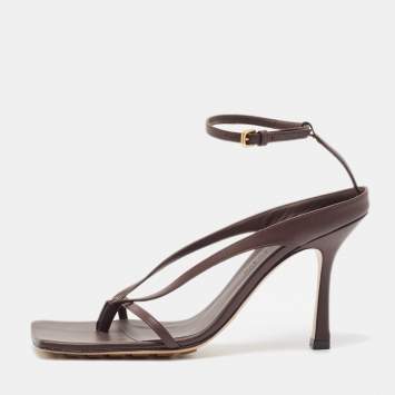 Pre Owned Bottega Veneta Brown Leather Stretch Ankle Strap Sandals Size 37.5