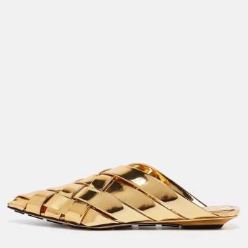 Pre Owned Bottega Veneta Gold Intrecciato Leather Alfie Flat Mules Size 38