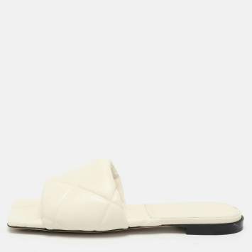 Pre Owned Bottega Veneta Cream Leather Lido Flat Slides Size 37