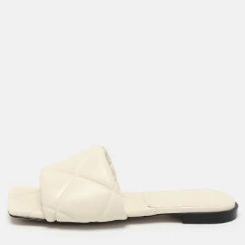 Pre Owned Bottega Veneta Cream Leather Lido Flat Slides Size 36