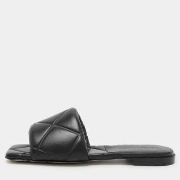 Pre Owned Bottega Veneta Black Leather Lido Flat Slides Size 36