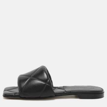 Pre Owned Bottega Veneta Black Leather Lido Flat Slides Size 36
