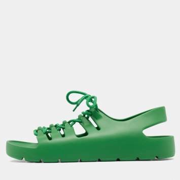Pre Owned Bottega Veneta Green Rubber Lace Up Flat Sandals Size 41