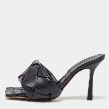 Pre Owned Bottega Veneta Black Woven Leather Lido Slide Sandals Size 37.5