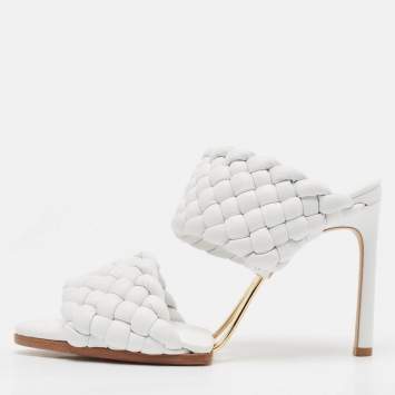 Pre Owned Bottega Veneta White Leather Intrecciato Slide Sandals Size 38.5
