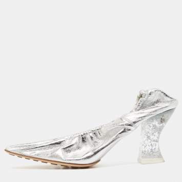 Pre Owned Bottega Veneta Silver Leather Glitter Plexiglass Almond Pumps Size 37