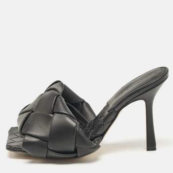 Pre Owned Bottega Veneta Black Woven Leather Lido Slide Sandals Size 35