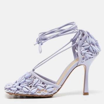Pre Owned Bottega Veneta Purple Leather and Mesh Bead Embellished Stretch Ankle Strap Sandals Size 39