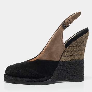 Pre Owned Bottega Veneta Black/Brown Intrecciato Suede Espadrille Wedge Sandals Size 37