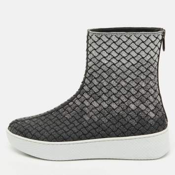 Pre Owned Bottega Veneta Black/Silver Intrecciato Metallic Lurex Fabric Sneaker Boots Size 40