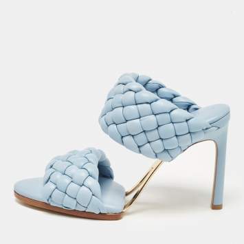 Pre Owned Bottega Veneta Light Blue Intreciato Leather and Metal The Curve Slide Sandals Size 36