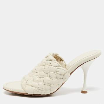 Pre Owned Bottega Veneta Off White Intrecciato Leather Dot Wave Slide Sandals Size 40