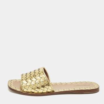 Pre Owned Bottega Veneta Gold Intrecciato Leather Ravello Flat Slides Size 38