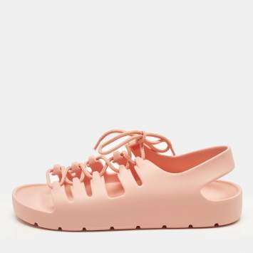 Pre Owned Bottega Veneta Orange Jelly Lace Flat Sandals Size 40