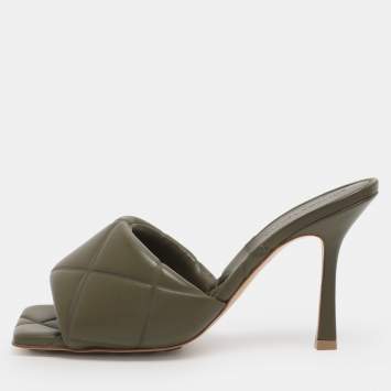 Pre Owned Bottega Veneta Olive Green Leather Lido Slide Sandals Size 38.5