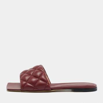 Pre Owned Bottega Veneta Burgundy Intrecciato Leather Lido Flat Slide Sandals Size 35.5