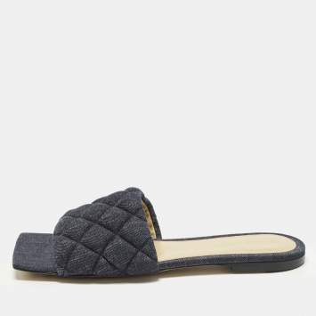 Pre Owned Bottega Veneta Lido Size 39 Blue Denim Flat Slides 