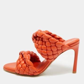Pre Owned Bottega Veneta Curve Size 37.5 Orange Intrecciato Leather Slide Sandals