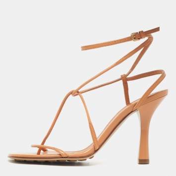 Pre Owned Bottega Veneta Stretch Size 36.5 Tan Leather Ankle Strap Sandals
