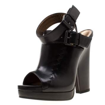Pre Owned Bottega Veneta Black Intrecciato Detail Leather Buckle Peep Toe Platform Sandals 37.5