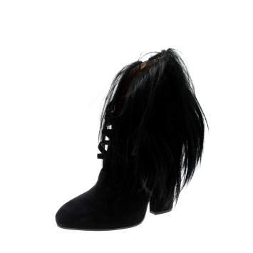 Pre Owned Bottega Veneta Black Suede and Fur Criss Cross Ankle Boots Size 38