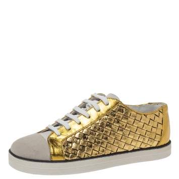Pre Owned Bottega Veneta Metallic Gold Intrecciato Leather And Suede Cap Toe Low Top Sneakers Size 36