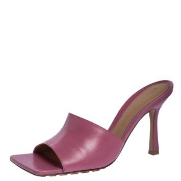 Pre Owned Bottega Veneta Pink Leather Stretch Square Toe Slide Sandals Size 37.5