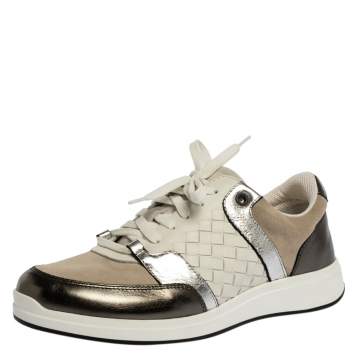 Pre Owned Bottega Veneta Metallic Grey/White Intrecciato Leather and Suede Top Sneakers Size 37.5