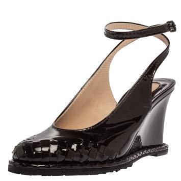 Pre Owned Bottega Veneta Dark Brown Intrecciato Patent Leather Wedge Slingback Sandals Size 40