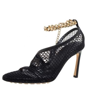 Pre Owned Bottega Veneta Black Mesh And Leather Trims Chain Embellished Ankle Cuff Pumps Size 36
