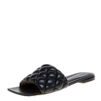 Pre Owned Bottega Veneta Black Quitled Leather Padded Flat Slide Sandals Size 38