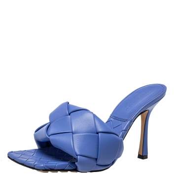 Pre Owned Bottega Veneta Blue Leather Lido Slide Sandals Size 38