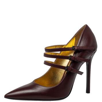 Pre Owned Bottega Veneta Burgundy Leather Strappy Mary Jane Pumps Size 41