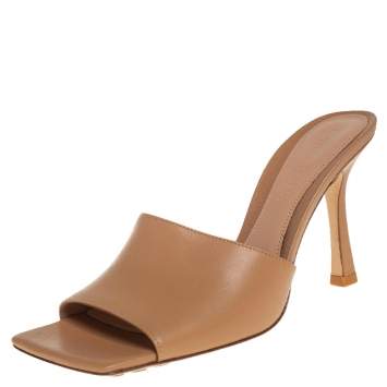 Pre Owned Bottega Veneta Tan Leather Square Toe Stretch Sandals Size 37