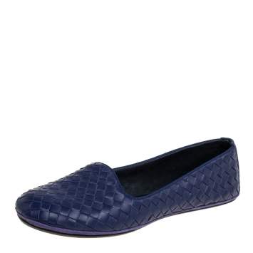 Pre Owned Bottega Veneta Blue Intrecciato Leather Smoking Slippers Size 39 