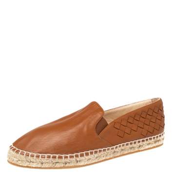Pre Owned Bottega Veneta Brown Intrecciato Leather Espadrilles Flats Size 36
