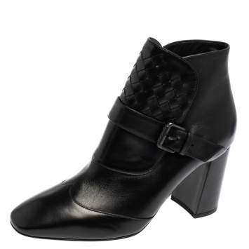 Pre Owned Bottega Veneta Black Intrecciato Leather Wingtip Ankle Boots Size 36.5