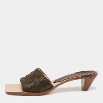 Pre Owned Bottega Veneta Olive Green Intrecciato Leather Square Toe Slide Sandals Size 39