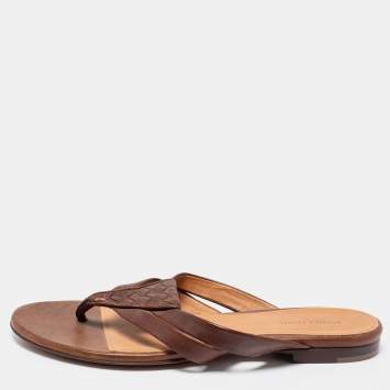 Pre Owned Bottega Veneta Brown Intrecciato Leather Thong Flats Size 40