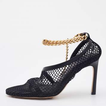 Pre Owned Bottega Veneta Black Stretch Mesh and Leather D'orsay Pumps Size 37