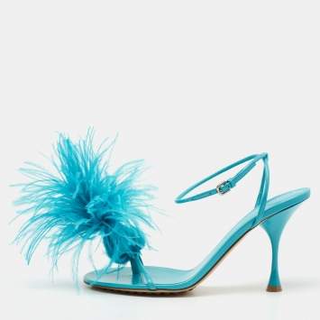 Pre Owned Bottega Veneta Blue Leather and Fur  Ankle Strap Sandals Size 39