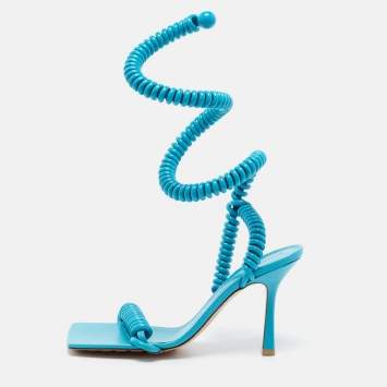 Pre Owned Bottega Veneta Blue  Leather Strech Ankle Wrap Sandals Size 38.5